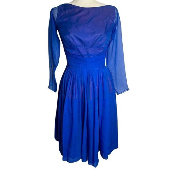 Vintage 50s Chiffon Swing Dress S Blue Long Sleeve Draped Waist Pleated TLC - Picture 1 of 10